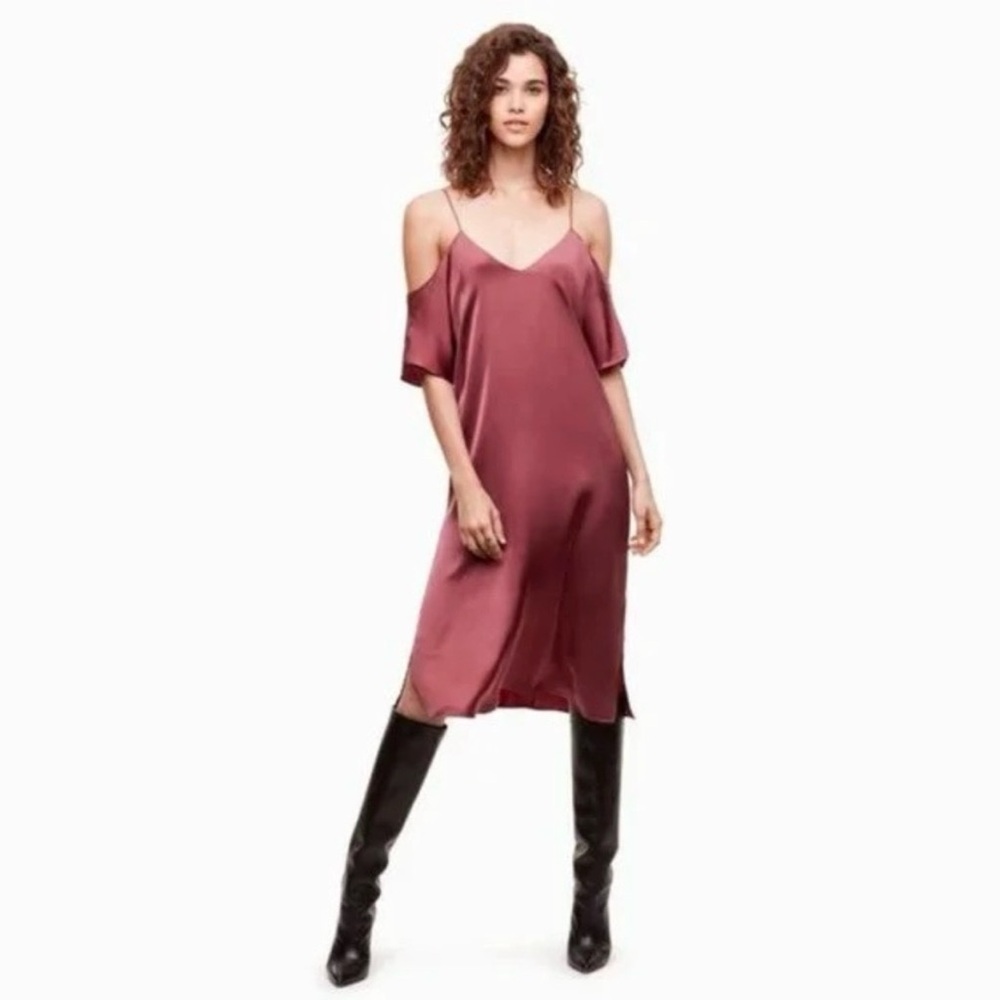 Aritzia Wilfred Harrietta Satin Cold-Shoulder Slip Dress